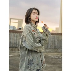 批发美式高街水洗做旧牛仔外套男女秋季潮牌宽松休闲机车vintage<b class='q'>夹克</b>