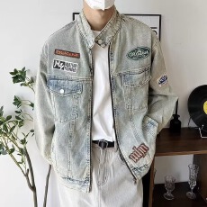 批发美式复古刺绣牛仔外套女春<b class='q'>秋</b>2023新款宽松休闲vintage立领机车服