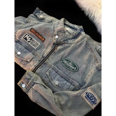 批发美式高街水洗做旧牛仔外套男女秋季潮牌宽松休闲机车vintage<b class='q'>夹克</b>