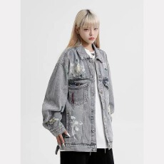 批发美式街头复古做旧扎染破洞牛仔外套男女春秋宽松痞帅休闲<b class='q'>夹克</b>上衣