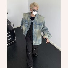 批发美式复古重工水洗直角垫肩牛仔<b class='q'>夹克</b>外套男女春季新款高级感上衣潮