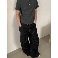 批发美式复古水洗炮弹多口袋工装牛仔裤男街头vibe宽松休闲直筒阔腿裤