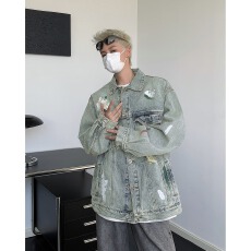 春秋破洞泼墨牛仔外套男水洗休闲潮牌痞帅机车设计感复古百搭夹克