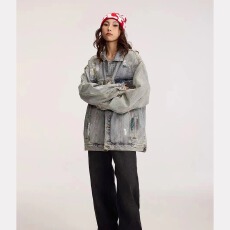 批发美式街头复古做旧扎染破洞牛仔外套男女春秋宽松痞帅<b class='q'>休闲</b><b class='q'>夹克</b>上衣