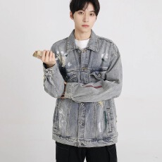 批发美式扎染破洞牛仔外套男生<b class='q'>秋</b>季新款宽松bf高街学院风情侣夹克痞帅