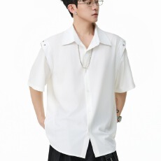 批发夏季新款潮牌美式潮男翻领短袖衬衫男黑色宽松休闲设计感上衣