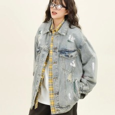 批发美式扎染破洞牛仔外套男生秋季<b class='q'>新款</b>宽松bf高街学院风<b class='q'>情侣</b><b class='q'>夹克</b>痞帅