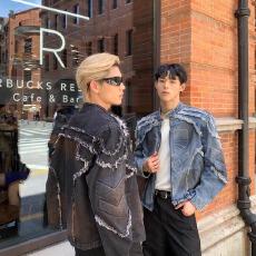 批发cuibuju 小众<b class='q'>潮</b>流做旧浮雕感毛边垫肩牛仔夹克 痞帅炸街宽松外套