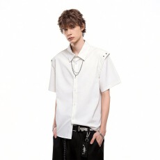 批发夏季新款潮牌美式潮男翻领短袖衬衫男黑色宽松休闲设计感上衣