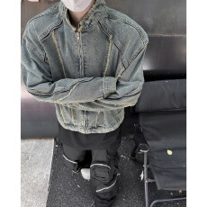 批发美式复古解构毛边水洗牛仔外套男春<b class='q'>秋</b>季短款机车风立领帅气夹克潮