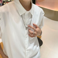 批发夏季新款潮牌美式潮男翻领短袖衬衫男黑色宽松休闲设计感上衣