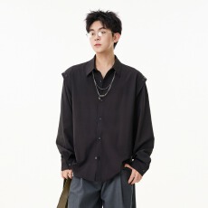 2026春季新款百搭黑色高级感翻领衬衫简约单排扣长袖潮牌男装上衣