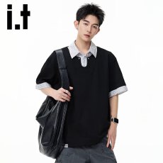 批发休闲格子假两件polo衫短袖男上衣青少年宽松美式潮牌夏季半袖T恤