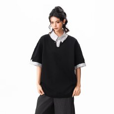 批发浅灰色假两件格子polo衫短袖t恤男款夏季潮牌美式复古拼接衬衫领