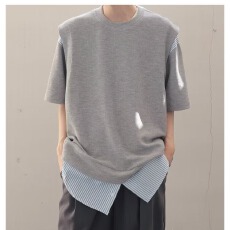 2026美式港风潮流假两件圆领短袖t恤男款夏季大码宽松百搭上衣潮