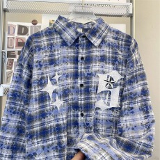 C77原版涤棉格子布刺绣衬衫蓝M-2X