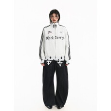 批发美式复古十字架条纹字母立领<b class='q'>卫衣</b>女春宽松拉链外套ins潮