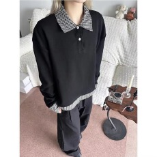批发老钱风潮牌格子<b class='q'>假两件</b>拼接翻领卫衣男女款复古宽松百搭POLO衫<b class='q'>上衣</b>