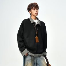 批发老钱风潮牌格子<b class='q'>假两件</b>拼接翻领卫衣男女款复古宽松百搭POLO衫<b class='q'>上衣</b>