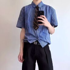 夏季男生美式纯棉格子衬衫短袖情侣男士宽松休闲蓝色衬衣