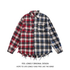 批发美式复古休闲宽松春秋拼接撞色格子毛边<b class='q'>长袖</b>格纹<b class='q'>衬衫</b><b class='q'>衬衣</b>男女