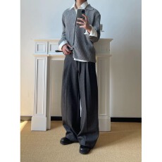 批发老钱风褶皱纯色百搭西裤男款美式复古宽松百搭直筒垂感阔腿休闲裤