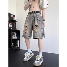 美式复古破洞牛仔裤女夏季新款百搭高腰显瘦阔腿做旧五分牛仔短裤