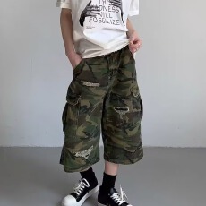 街头迷彩风格牛仔短裤男款夏季美式复古宽松阔腿七分裤子