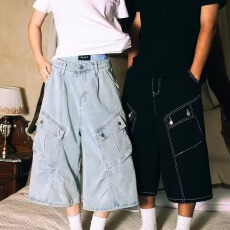 美式复古褶皱多口袋七分裤男女夏季宽松休闲阔腿工装裤牛仔短裤潮