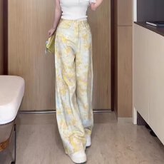 批发美式复古黄色扎染<b class='q'>牛仔裤</b>女2026春秋款花色宽松阔腿<b class='q'>直筒</b>彩裤欧货