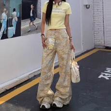 批发黄色花朵印染阔腿<b class='q'>牛仔裤</b>女春季新款高腰休闲<b class='q'>直筒</b>宽松扎染拖地裤子