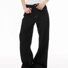 批发美式复古反穿刺绣黑色弯刀<b class='q'>牛仔裤</b>女高腰设计宽松<b class='q'>直筒</b>阔腿休闲裤子