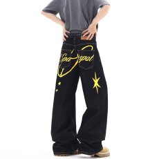 批发美式复古反穿刺绣黑色弯刀<b class='q'>牛仔裤</b>女高腰设计宽松<b class='q'>直筒</b>阔腿休闲裤子