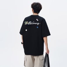 WASSUP花卉字母刺绣t恤短袖男女宽松休闲重磅情侣圆领上衣服