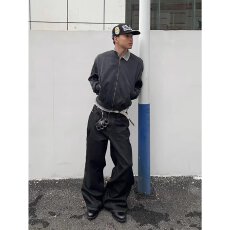 个性拼色口袋设计水洗牛仔裤女春新款高腰宽松显瘦百搭直筒阔腿裤