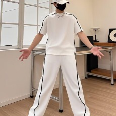 黑色裤子男生秋冬条纹运动阔腿裤青少年情侣潮牌宽松直筒拖地长裤