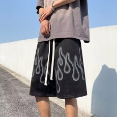 短裤男夏季新款美式高街复古运动裤子麂皮绒火焰潮牌休闲五分卫裤