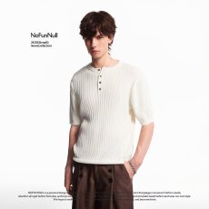 批发夏季美式复古亨利领竖纹肌理短袖<b class='q'>针织衫</b>T恤男波斯纶羊毛混纺上衣