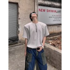 美式小众痞帅复古亨利领短袖polo衫男女夏季T恤高级感百搭上衣