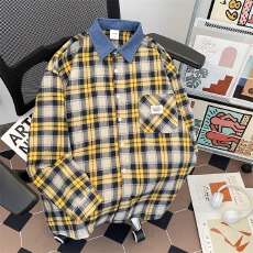 美式复古格纹宽松休闲长袖衬衫男女百搭撞色衬衣外套春秋