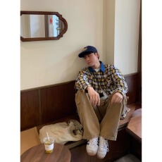 美式复古格纹宽松休闲长袖衬衫男女百搭撞色衬衣外套春秋