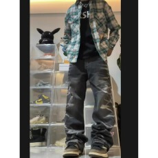 高街国潮刺绣字母格子衬衫男高级感小众宽松休闲情侣款防晒衬衣潮