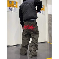 批发美式复古星星字母刺绣格纹休闲裤男女宽松大口袋设计慵懒<b class='q'>百搭</b>长裤