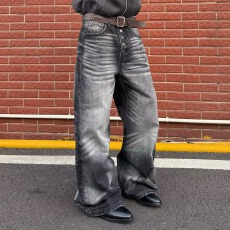 批发高个子美式裂纹黑色微喇牛仔裤男春夏复古显瘦百搭拖地直筒加<b class='q'>长裤</b>