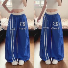 批发美式街头双腰头字母印花伞兵工装裤女宽松爵士舞阔腿裤弯刀<b class='q'>休闲裤</b>