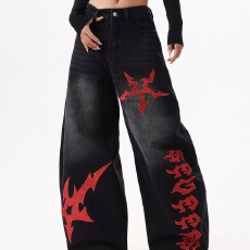 批发春季街头美式刺绣水洗弯刀牛仔裤男女宽松阔腿跳舞小众设计<b class='q'>长裤</b>