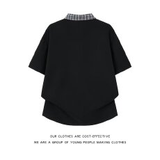 批发夏季复古慵懒风撞色格纹翻领POLO衫男女<b class='q'>情侣</b><b class='q'>假两件</b>宽松上衣