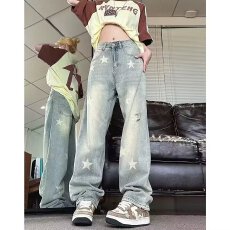 批发潮牌新款设计感重工<b class='q'>烫钻</b>五角星蓝色牛仔阔腿裤女宽松直筒显瘦裤子
