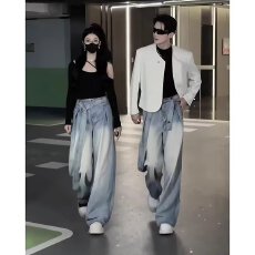 美式复古腰带牛仔裤男春季设计感褶皱大码宽松阔腿弯刀长裤子潮