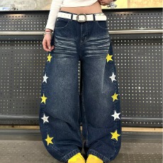 批发美式街头潮流星星牛仔裤百搭水洗做旧弯刀迷彩裤男女小众宽松<b class='q'>长裤</b>